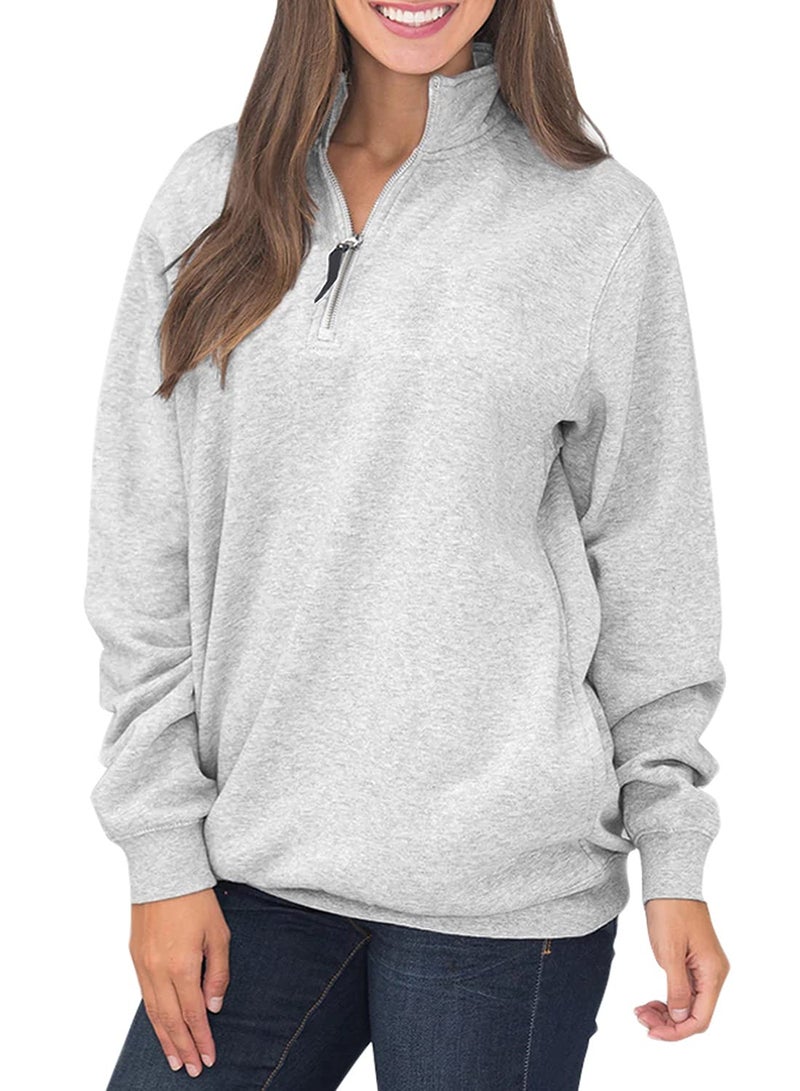Samefar Women Ladies Long Sleeve High Neck Comfy Fuzzy Quarter Zip Pullover Sweatshirts Tunic with Pockets Gray X-Large - Image 2